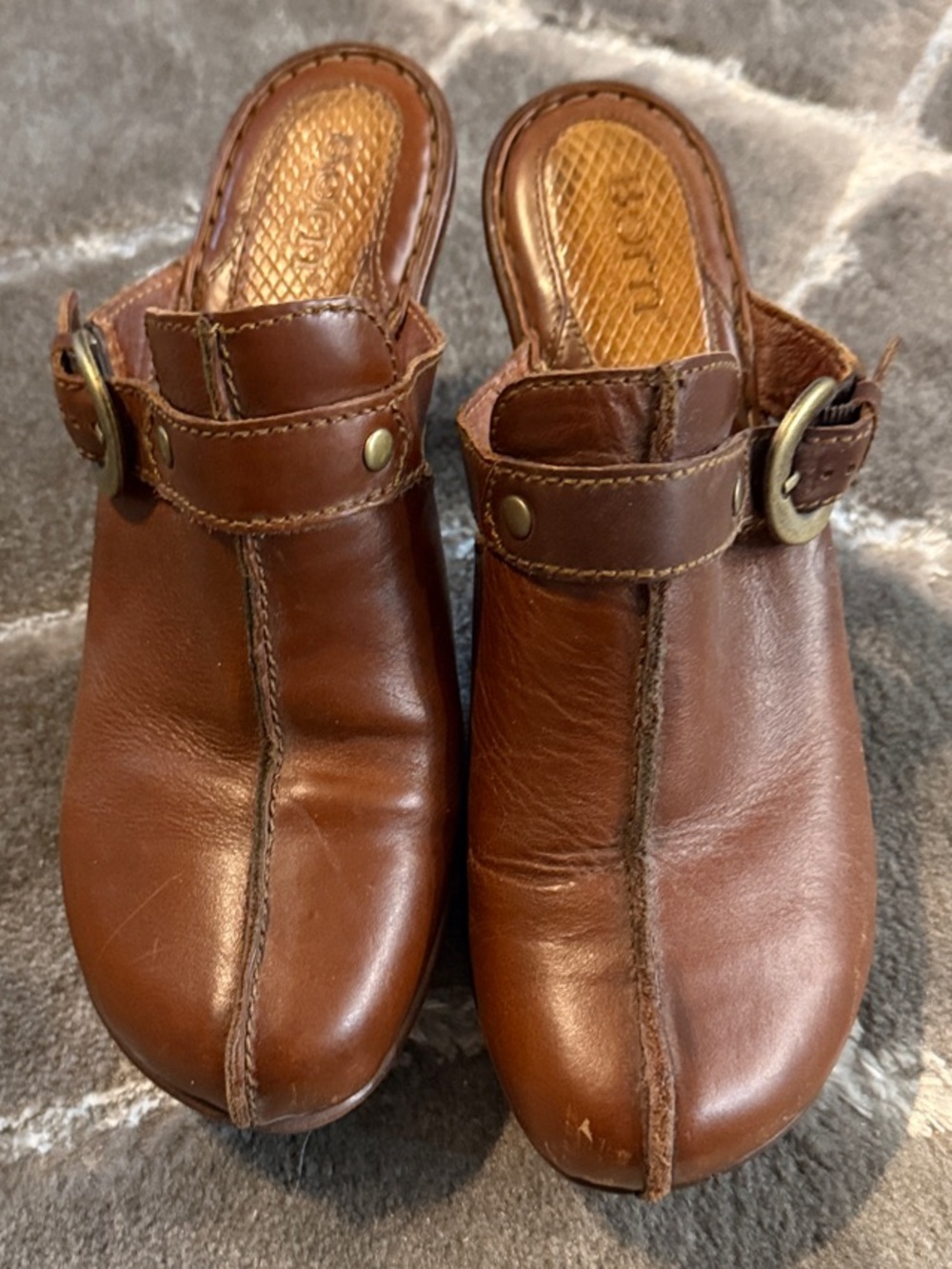 Born Women's Brown Leather Slip-On Clogs with Buckle Accent